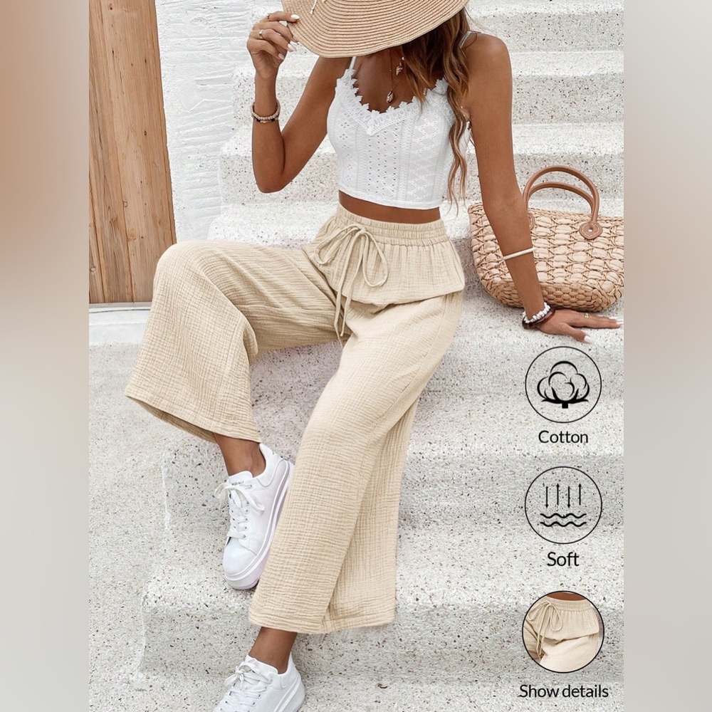 2 piece Lace Trim Crop Cami Top & Wide Leg Pants Apricot - Picture 1 of 6